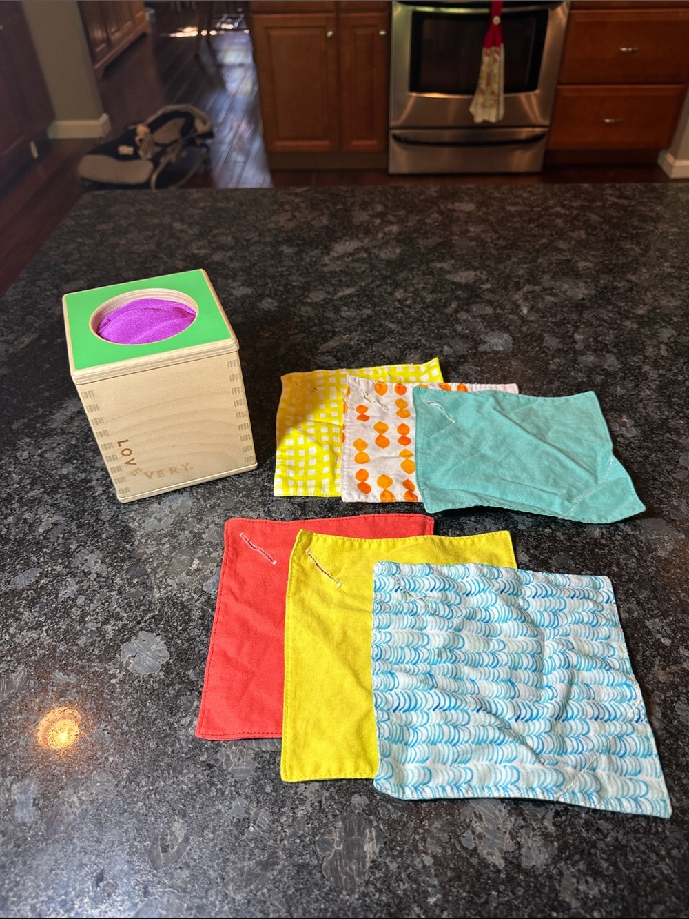 Lovevery Wooden Tissue Box Toy with Colorful Scarves